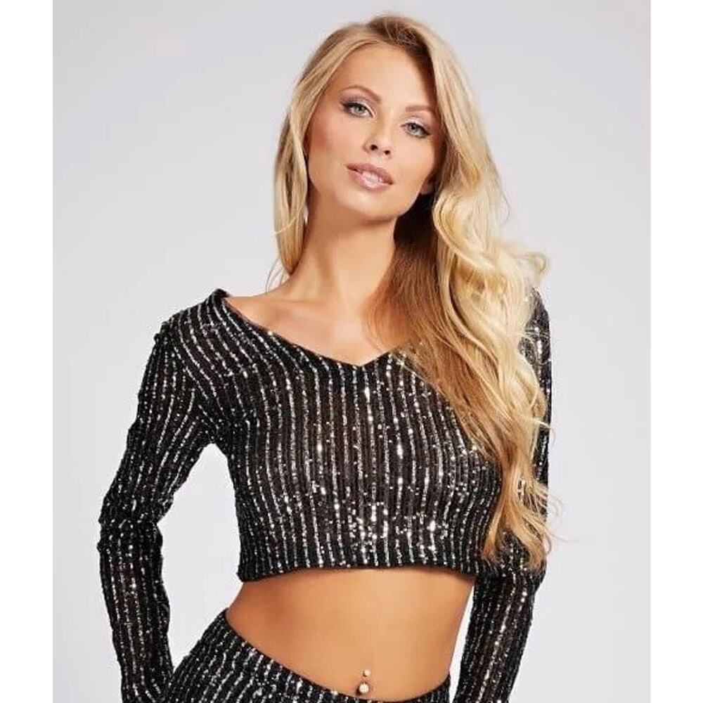 Guess Sequin Top Women’s S Black Cocktail Party Glitter V Neck Chic Cropped NWT